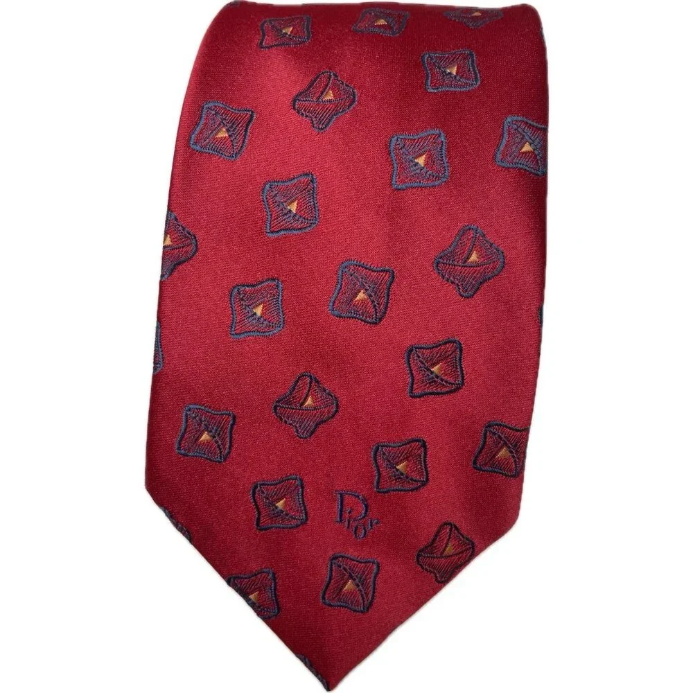 Vintage Dior Red Tie Abstract Floral Geometric Pattern 58”